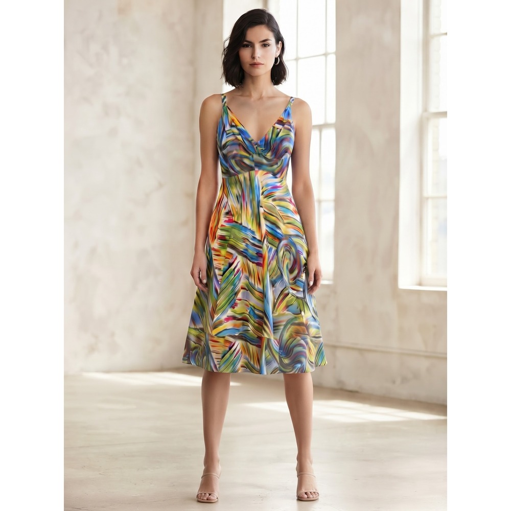 Jams World XL Abstract Multi Color V-Neck Spaghetti Strap Midi Dress Summer Art